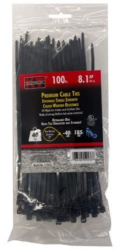 KT Industries UV Black Light Duty Premium Cable Ties, 8.1-In, 100-Pk