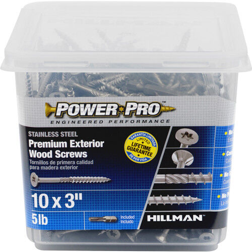 Hillman Power Pro Premium 305 Stainless Steel Wood Screws, #10 X 3-In, 5-Lb Box