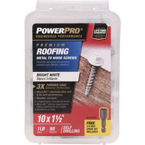 Hillman Power Pro Bright White Self Drilling Metal-to-Wood Roofing Screws, #10 x 1-1/2-In, 98-Pk