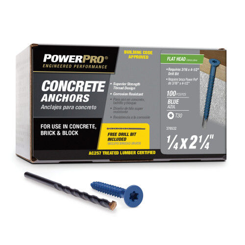 Hillman Power Pro Blue Flat-Head Concrete Screw Anchors, 1/4-In x 2-1/4-In, 100-Pk