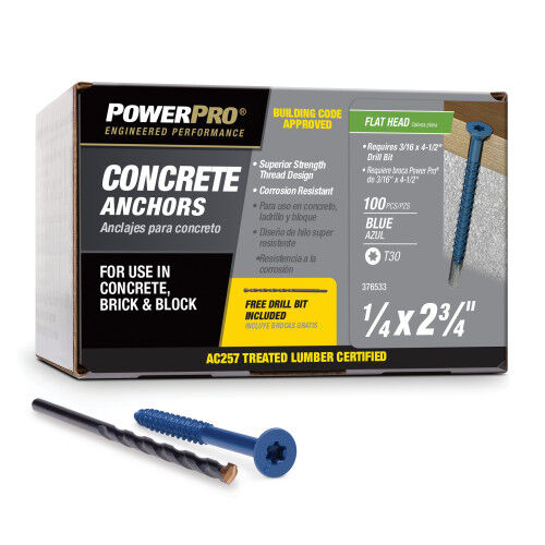 Hillman Power Pro Blue Flat-Head Concrete Screw Anchors, 1/4-In x 2-3/4-In, 100-Pk