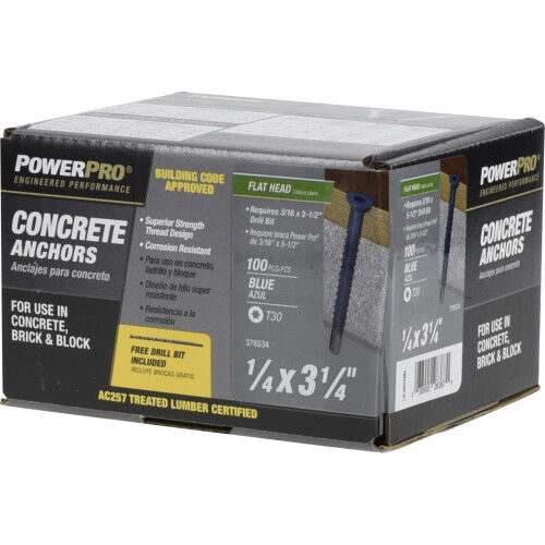 Hillman Power Pro Blue Flat-Head Concrete Screw Anchors, 1/4-In X 3-1/4 In, 100-Pc