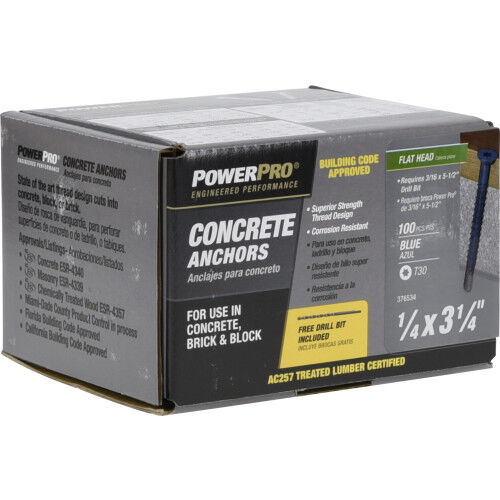 Hillman Power Pro Blue Flat-Head Concrete Screw Anchors, 1/4-In X 3-1/4 In, 100-Pc