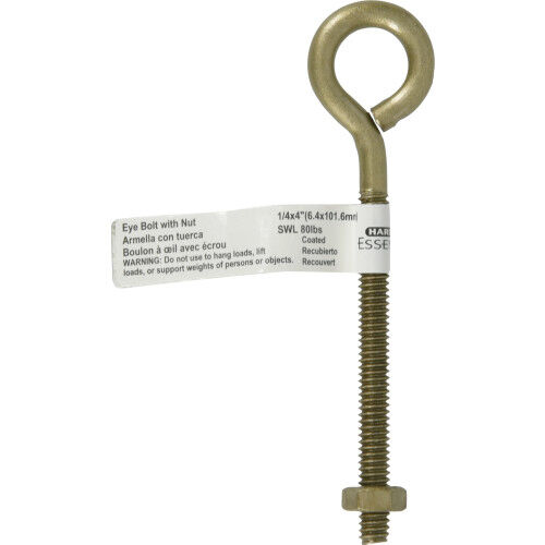 Hillman Durasteel Eye Bolt with Nut Gold Flagged, 1/4-In -20 X 4-In