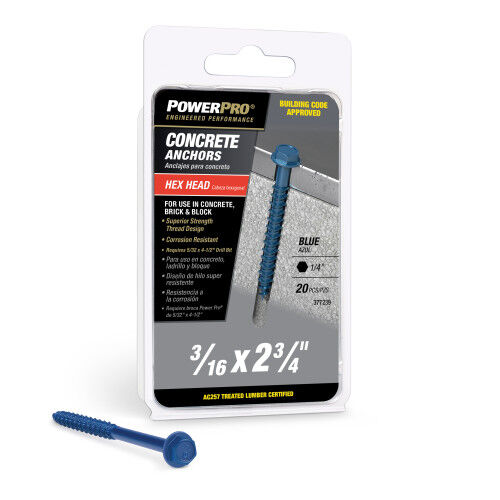Hillman Power Pro Blue Hex Washer-Head Concrete Screw Anchors, 3/16-In x 2-3/4-In, 20-Pk