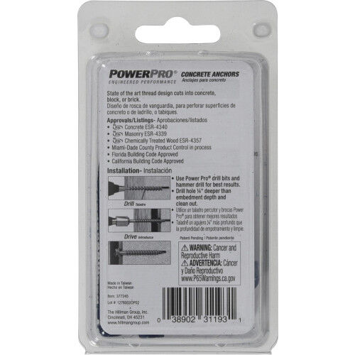Hillman Power Pro Blue Hex Washer-Head Concrete Screw Anchors, 1/4-In x 2-1/4-In, 15-Pk
