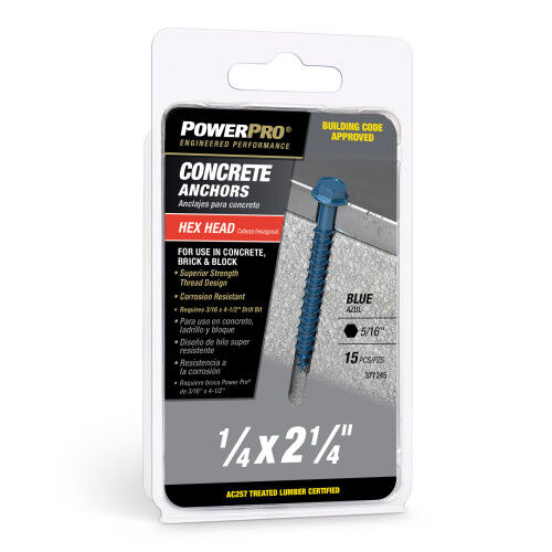Hillman Power Pro Blue Hex Washer-Head Concrete Screw Anchors, 1/4-In x 2-1/4-In, 15-Pk