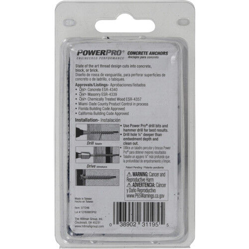 Hillman Power Pro Blue Hex Washer-Head Concrete Screw Anchors, 1/4-In x 2-3/4-In, 12-Pk