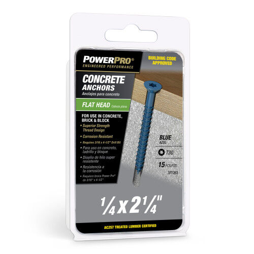Hillman Power Pro Blue Flat-Head Concrete Screw Anchors, 1/4-In x 2-1/4-In, 15-Pk