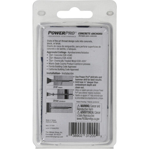 Hillman Power Pro Blue Flat-Head Concrete Screw Anchors, 1/4-In x 2-3/4-In, 12-Pk