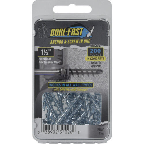Hillman Borefast Zinc Phillips Hex Washer-Head Screw Anchors, 1-1/2-In, 25-Pk