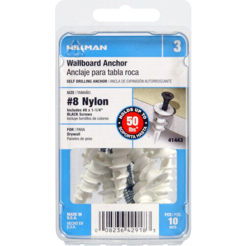 Hillman Nylon Self Drilling Drywall Anchors w/Black Painted Screws, #8, 10-Pk