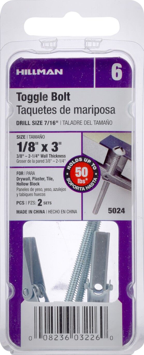 Hillman Round Head Machine Screw Toggle Bolts, 1/8-In x 3-In, 2-Pc