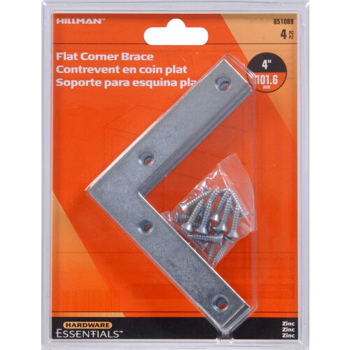 Hillman Hardware Essentials Flat Corner Iron Zinc, 4-In x 3/4-In, 4-Pk
