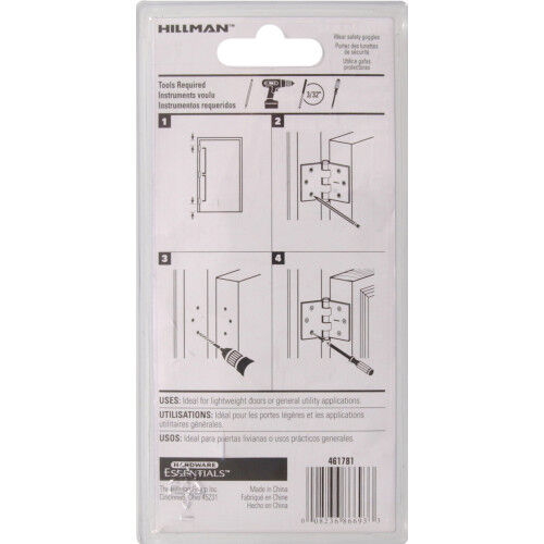 Hillman Hardware Essentials General Purpose Zinc Hinge With Fixed Pin, 3-1/2 In, 2-Pk