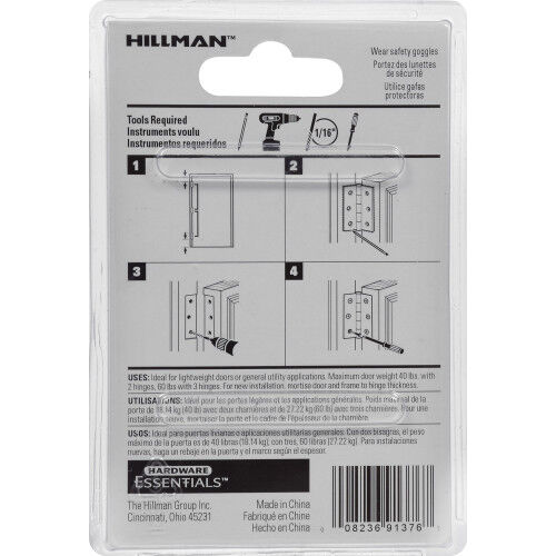 Hillman Hardware Essentials Zinc Plated Light Narrow Door Hinge With Removable Pin, 2 1/2-In, 2-Pk