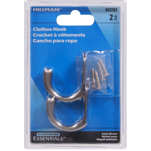 Hillman Hardware Essentials Satin Nickel Single Clothes Hook, 2-Pk