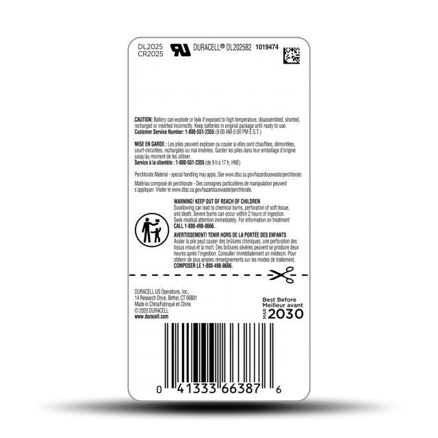 Duracell 2025 Lithium Coin Battery with Bitter Coating, 2-Pk