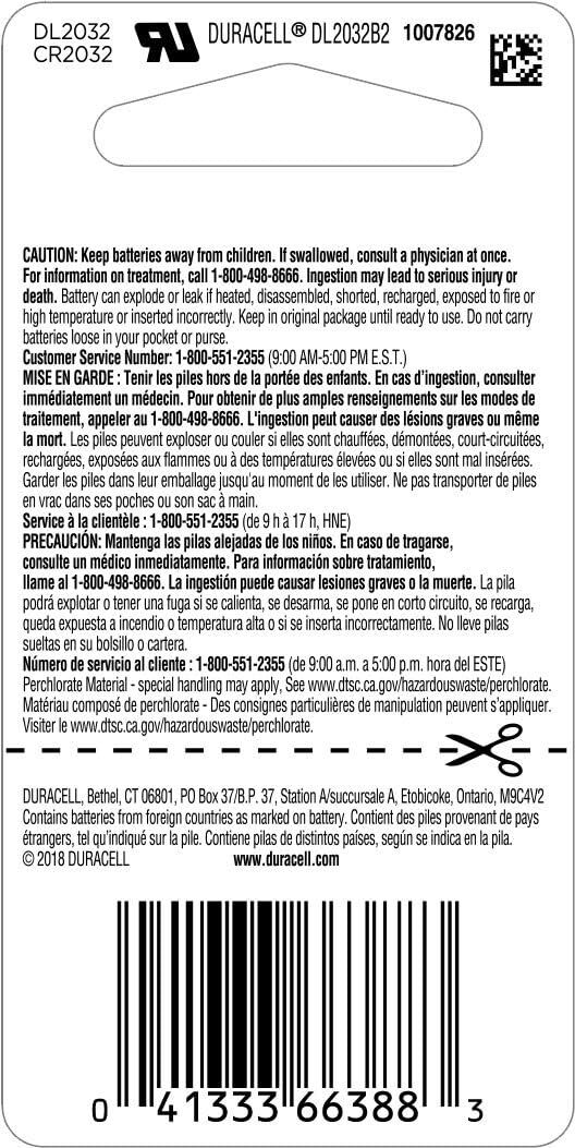Duracell 2032 3-V Lithium Coin Battery, 2-Pk