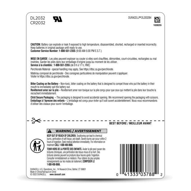 Duracell 2032 Lithium Coin Battery with Bitter Coating, 4-Pk
