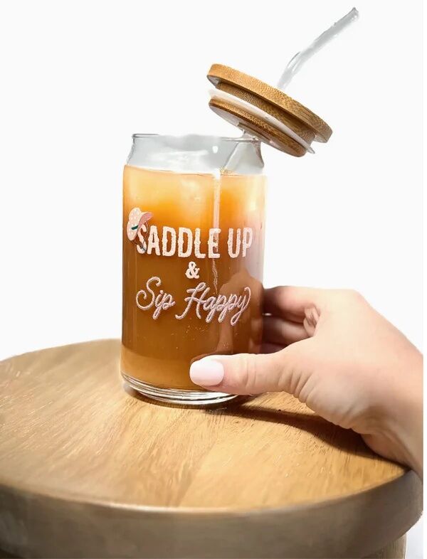 The Care Collective Saddle Up And Sip Happy Western Latte Beer Glass Can, 16 oz.