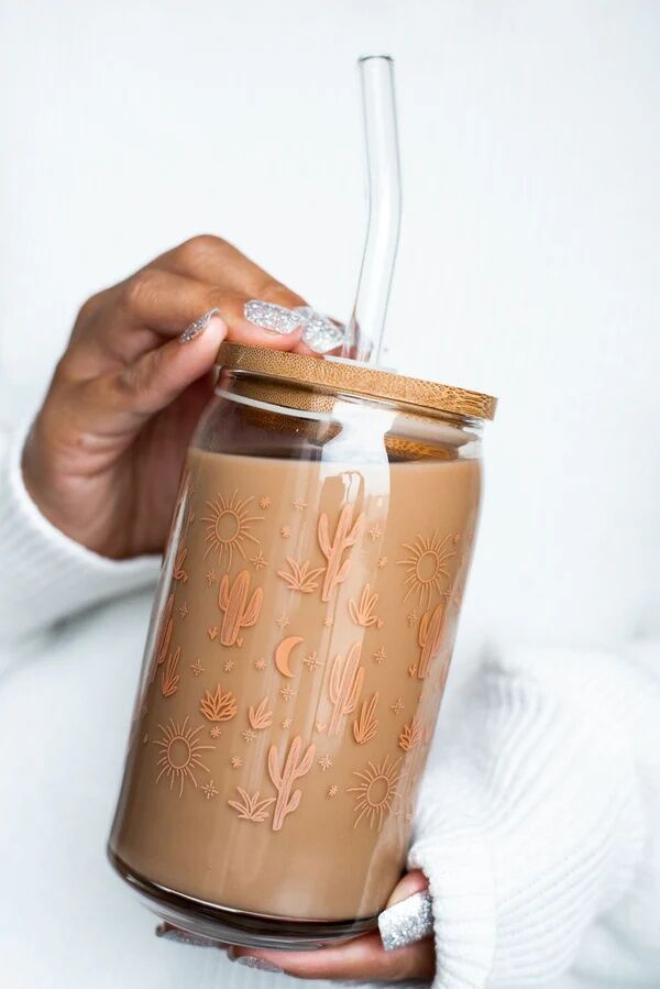 The Care Collective Cactus Glass Can With Bamboo Lid And Straw, 16-Oz