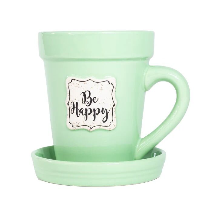 Divinity Boutique Green "Be Happy" Flower Pot Mug