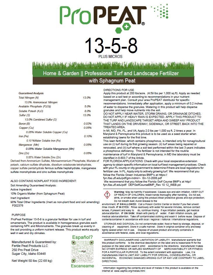 ProPEAT Carbon90PLUS 13-5-8 Peat Based Fertilizer, 50-Lb