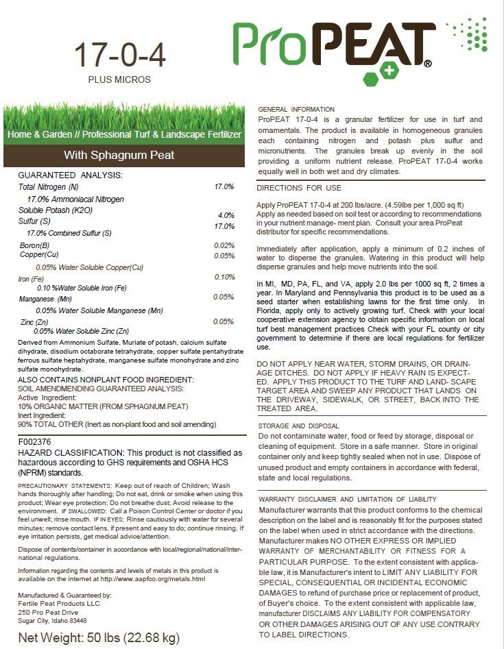 ProPEAT Carbon90PLUS 17-0-4 Peat Based Fertilizer, 50-Lb