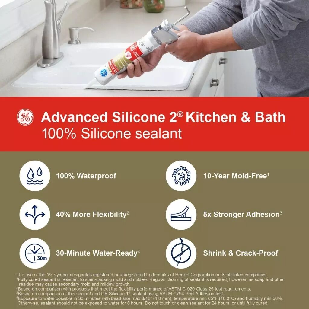 GE Advanced Silicone 2 Kitchen & Bath Sealant, 10.1-Oz