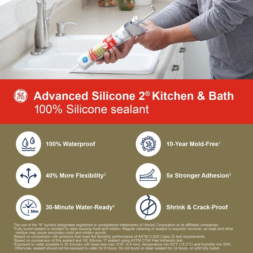 GE Advanced Silicone 2 White Kitchen and Bath Sealant Caulk, 10-Oz