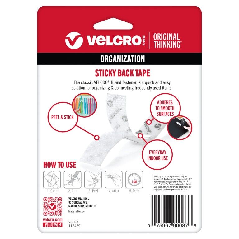 Velcro Brand White Sticky Back Tape, 3/4-In x 5-Ft