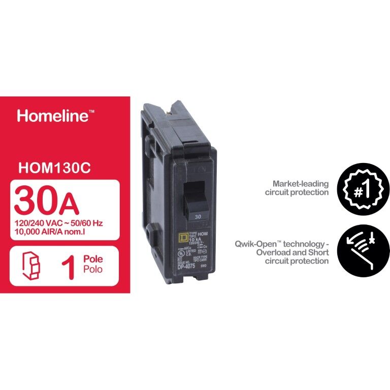Square D Homeline Standard 1-Pole Mini circuit breaker, 30-A, 120-V / 240-V AC
