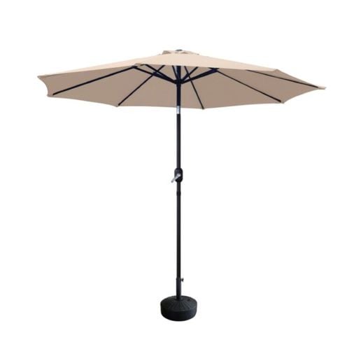 double vented patio umbrella with tilt in tan beige natural Kingdom Double-sided Patio Base Indigo Blue providing excellent support and durability J & J Global 7.5ft