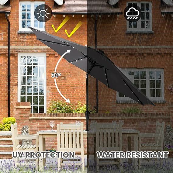 Sun-Ray 9-Ft Round Patio Umbrella With 32 Solar Powered LED Lights, Grey