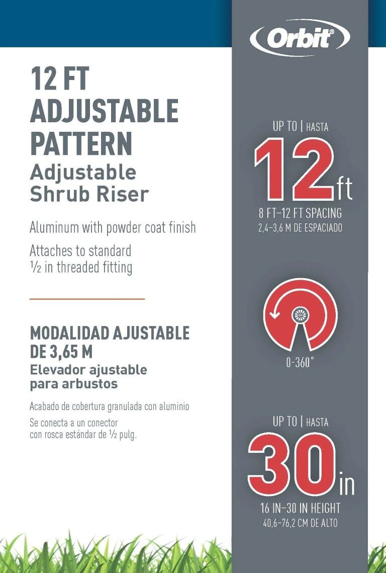 Orbit Aluminum Sprinkler Shrub Riser With 12-Ft Adjustable 0°-360° Pattern Nozzle, 16-In - 30-In