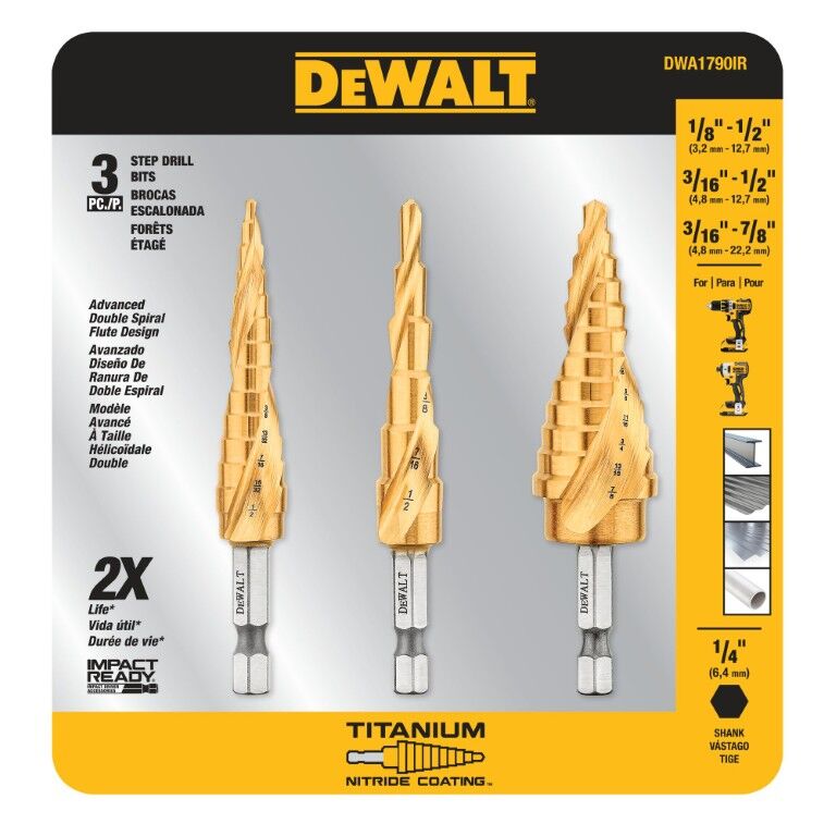 DeWalt Impact Ready Titanium Nitride Coating Step Drill Bit Set, 3-Pc