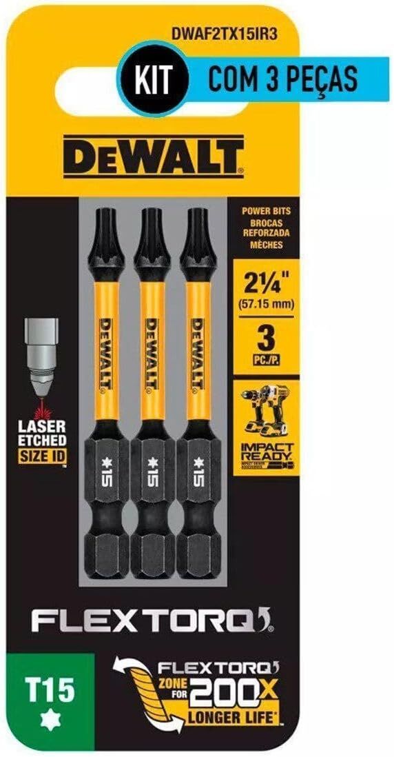 DEWALT Flextorq T-15 Impact Screwdriving Bit, 2 1/4-In, 3-Pk