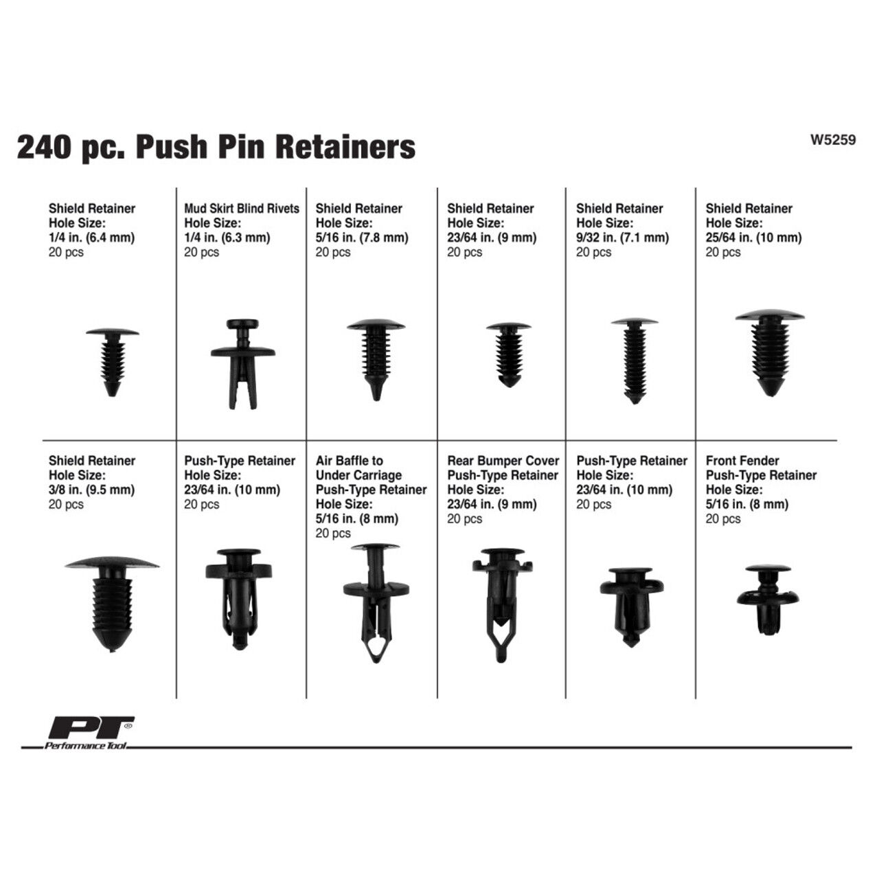 Performance Tool Push Pin Retainer Assortment, 240-Pc