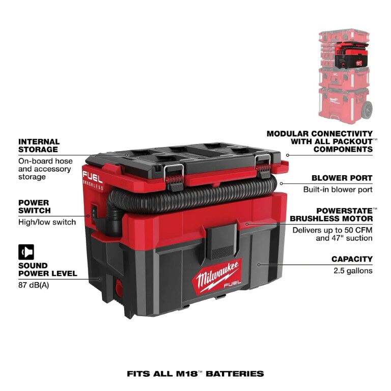 Milwaukee M18 Fuel Packout Compatible Wet/Dry Vacuum, 2.5-Gal (Tool Only)