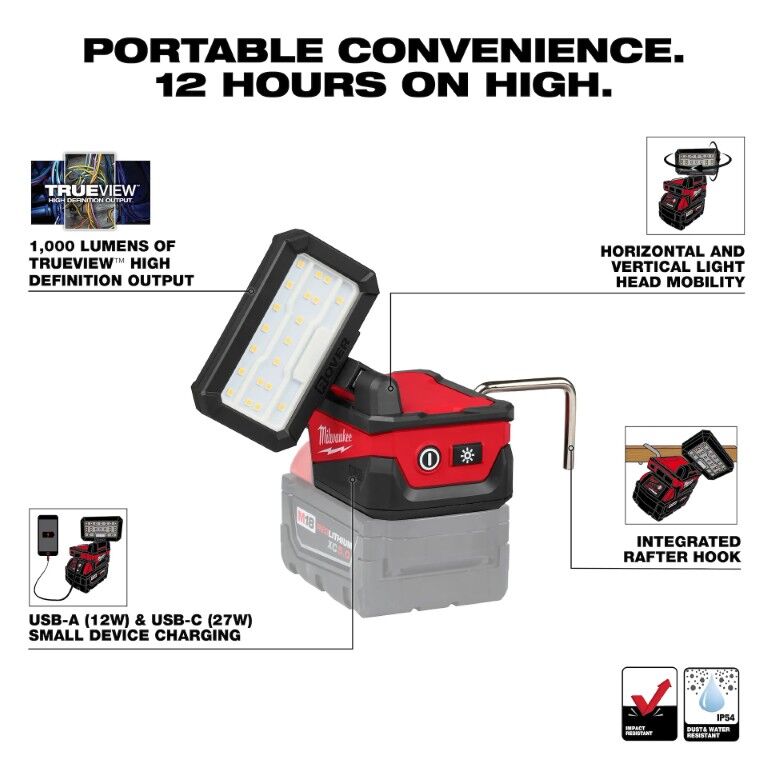Milwaukee M18 Rover Compact Folding Flood Light With USB Charging, 1000-Lm (Tool Only)
