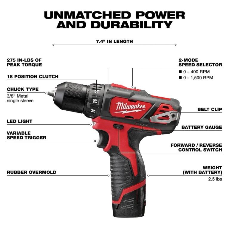 Milwaukee M12 Drill Driver Kit, 3/8-In