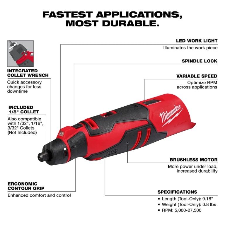 Milwaukee M12 Brushless Rotary Tool, 1/8-In (Tool Only)