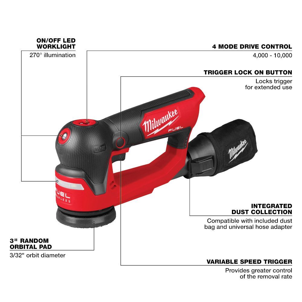 Milwaukee M12 FUEL 3-In Random Orbital Detail Sander