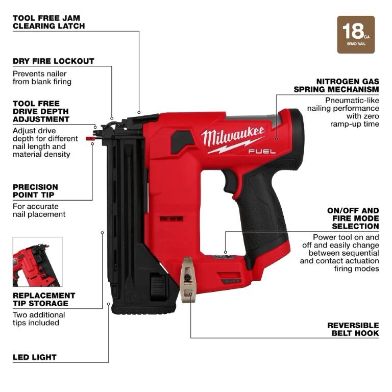 Milwaukee M12 Fuel Compact Brad Nailer, 18-Gauge (Tool Only)