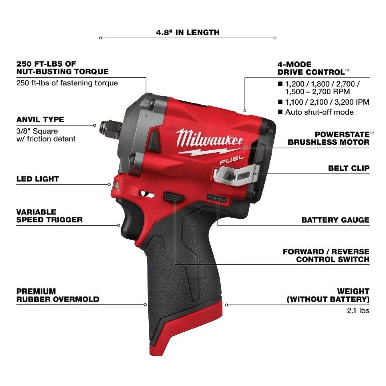 Milwaukee M12 Fuel Stubby Impact Wrench, 3/8-In (Tool Only)