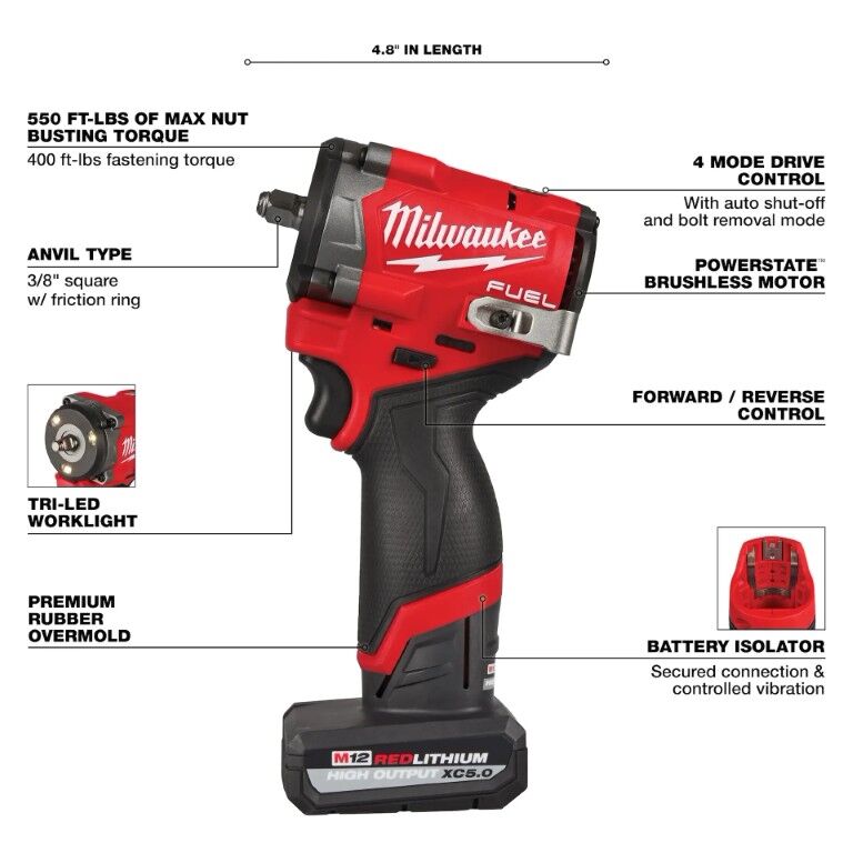 Milwaukee M12 Fuel Stubby Impact Wrench Kit, 3/8-In