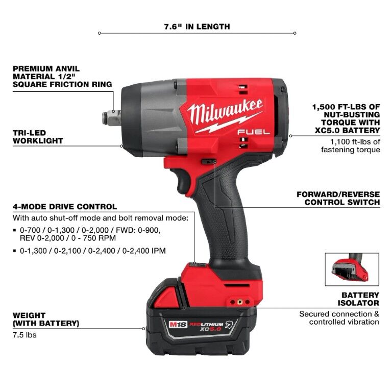 Milwaukee M18 Fuel High Torque Impact Wrench With Friction Ring Kit, 1/2-In