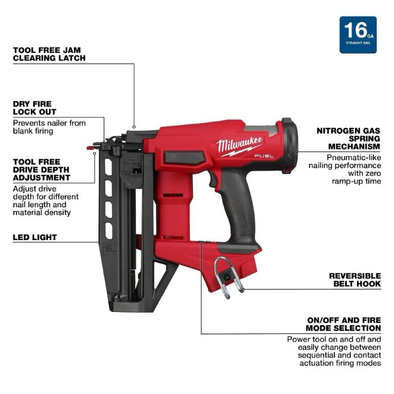 Milwaukee M18 Fuel Straight Finish Nailer, 16-Gauge (Tool Only)