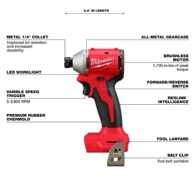 Milwaukee M18 Compact Brushless Hex Impact Driver Kit, 1/4-In